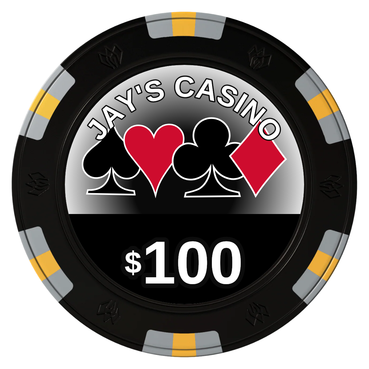 Jay's Casino Clay Poker Chips - Black / 6 Spot Gem / 43mm - Front