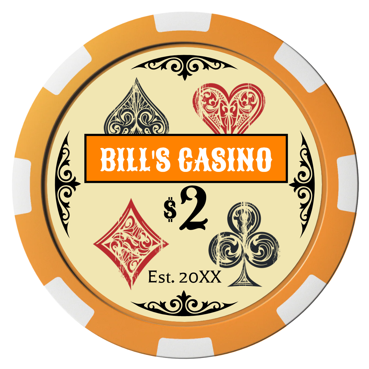 Vintage Four Suits Composite Poker Chips - Orange / 8 Spot - Front