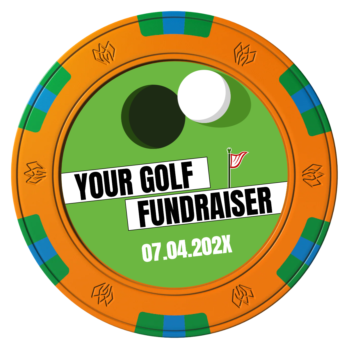 Putting Around Tournament Clay Poker Chips - Orange / 6 Spot Gem / 43mm - Front