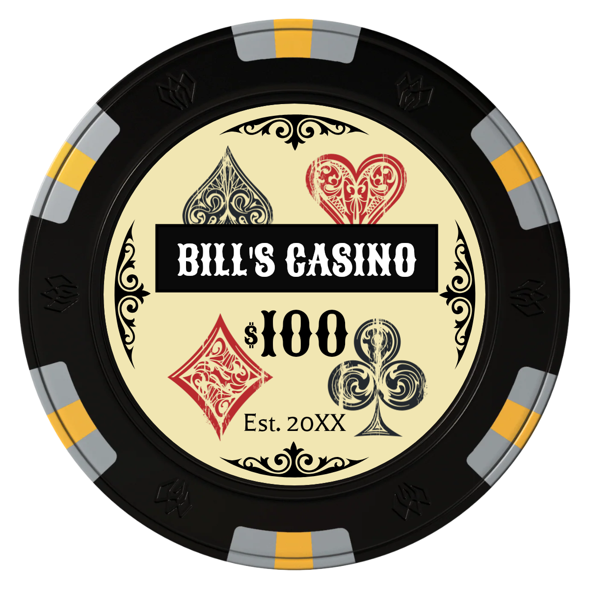 Vintage Four Suits Clay Poker Chips - Black / 6 Spot Gem / 40mm - Front