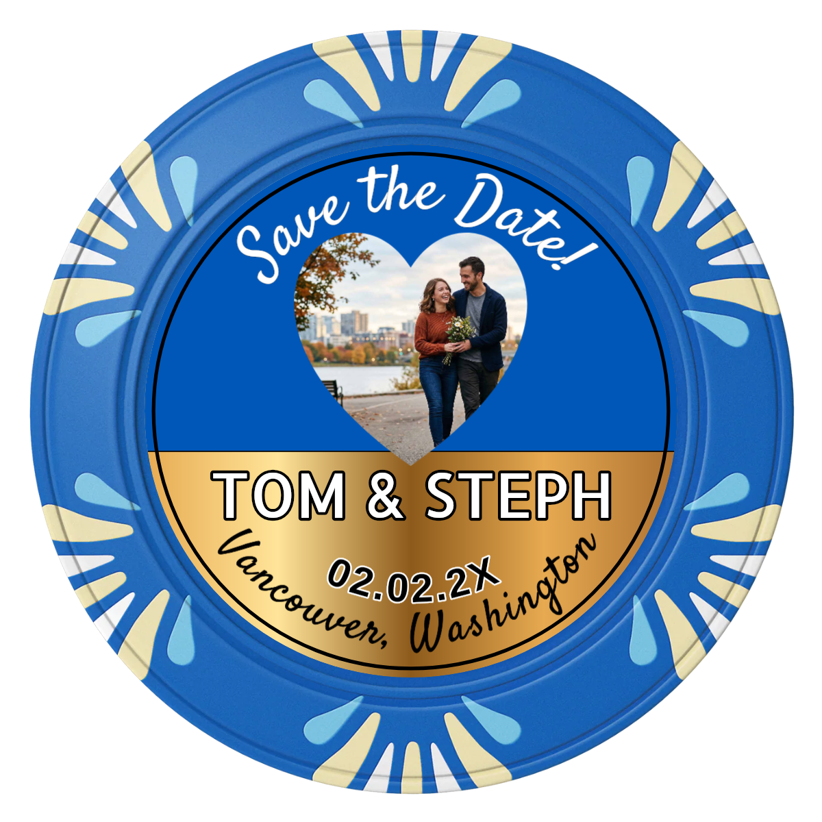 Save the Date Hearts Clay Poker Chips - Blue / Macau / 40mm - Front