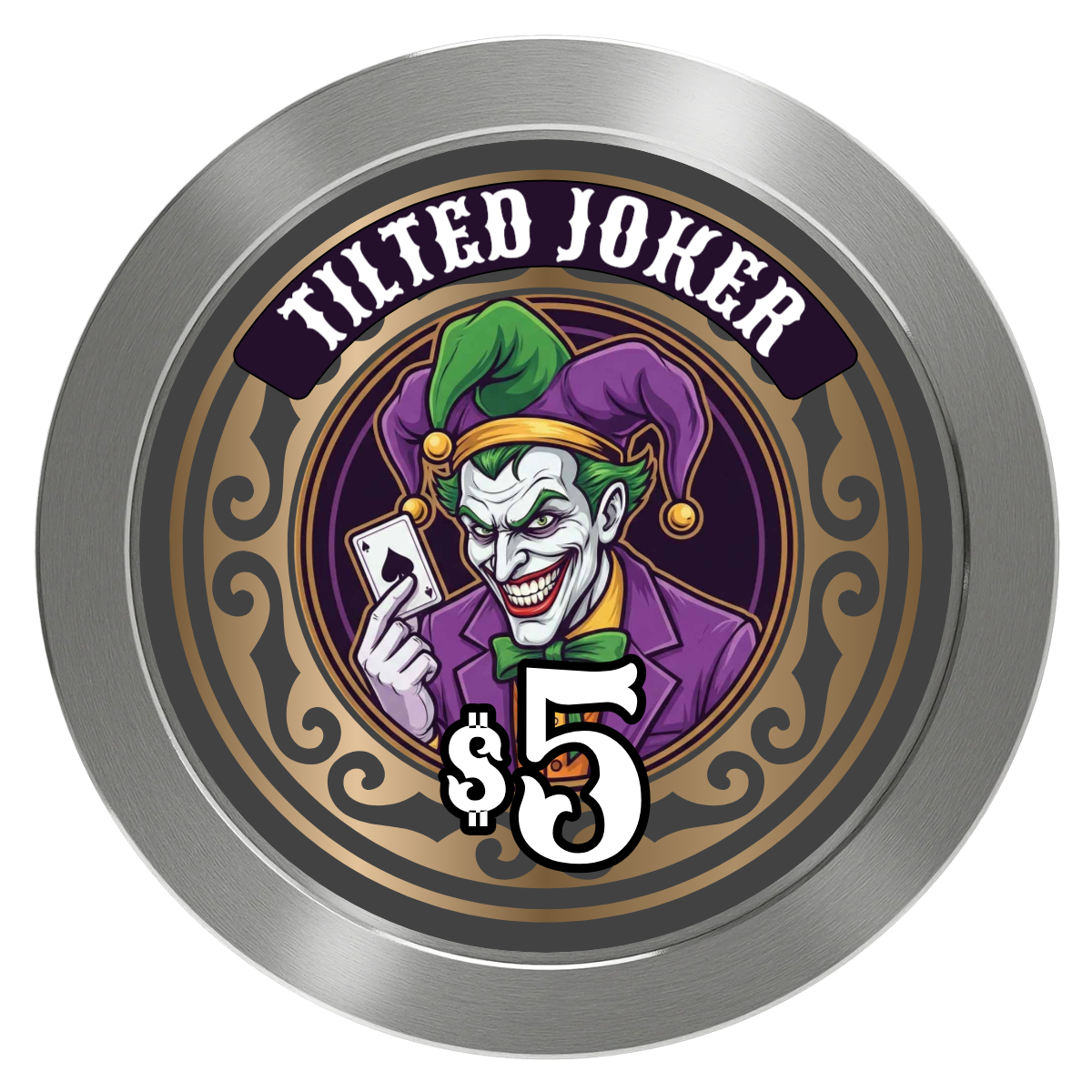 Tilted Joker Aluminum Poker Chips - Silver - Front