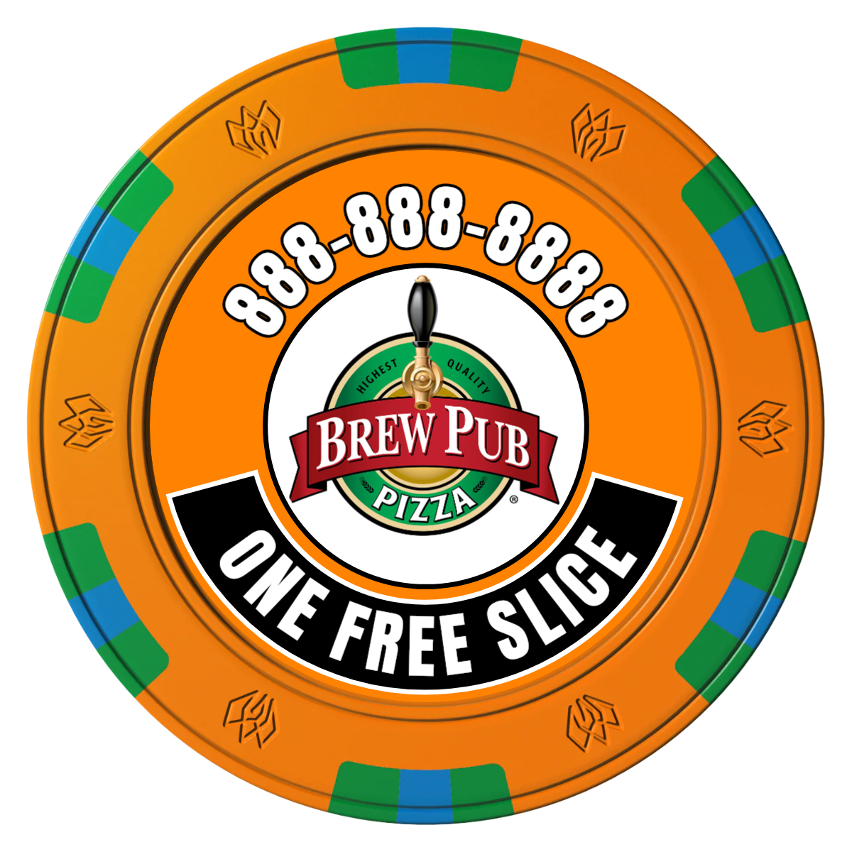 Brew Pub or Pizzeria with Logo Clay Poker Chips - Orange / 6 Spot Gem / 43mm - Front