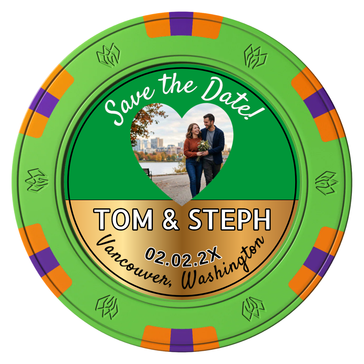Save the Date Hearts Clay Poker Chips - Green / 6 Spot Gem / 43mm - Front