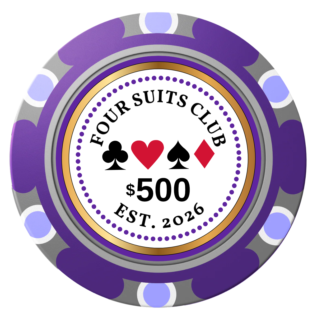 Fours Suits Club Clay Poker Chips - Purple / Monte Carlo / 40mm - Front
