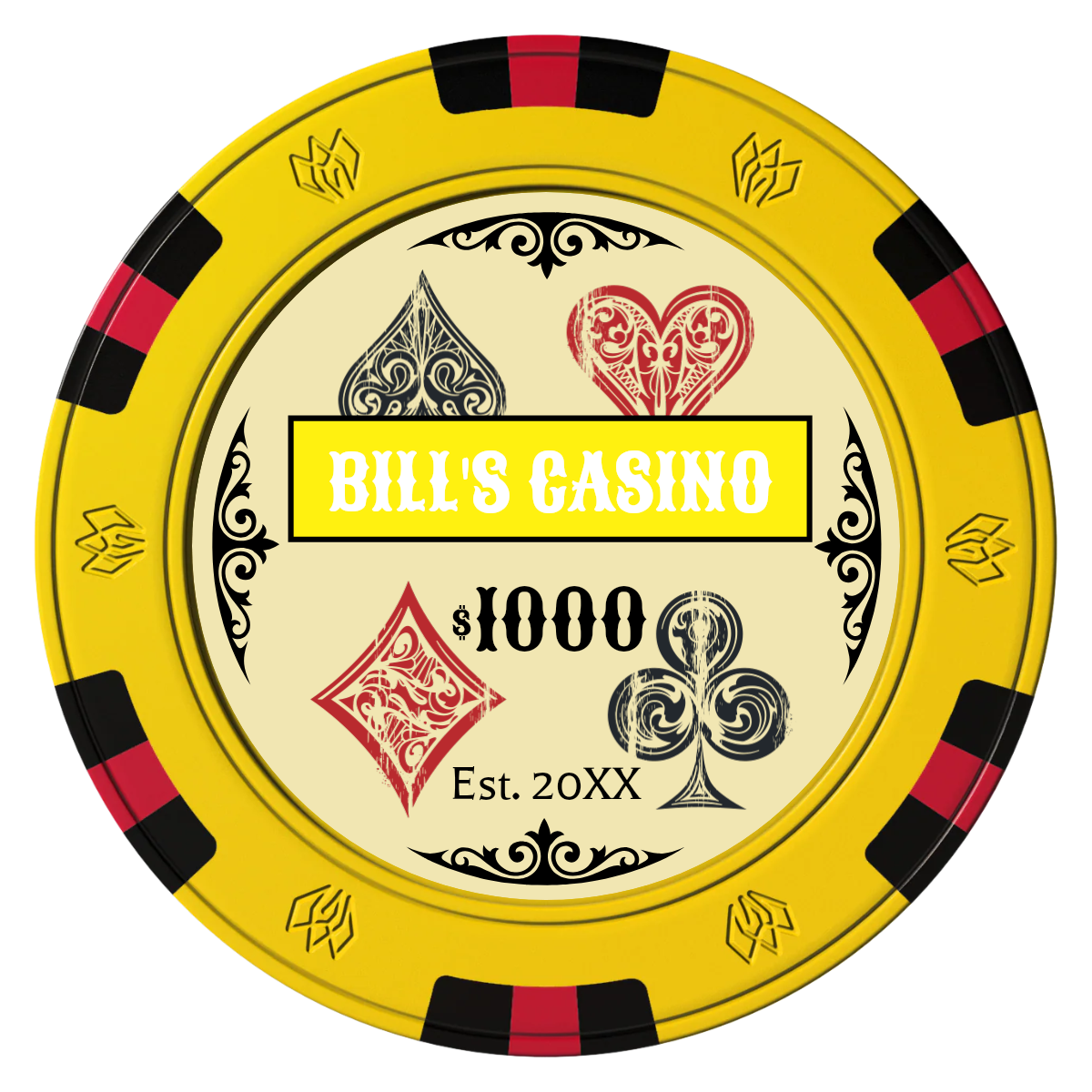 Vintage Four Suits Clay Poker Chips - Yellow / 6 Spot Gem / 40mm - Front