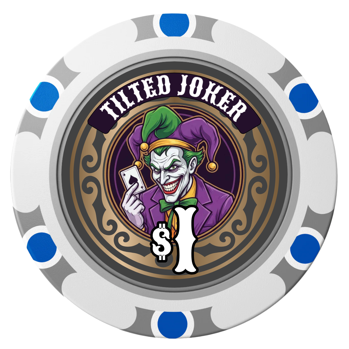 Tilted Joker Clay Poker Chips - White / Monte Carlo / 40mm - Front