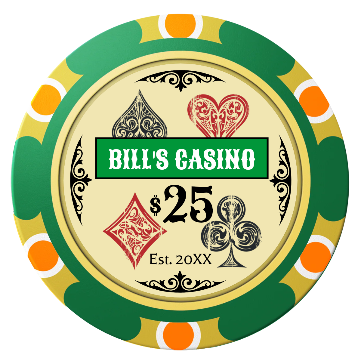 Vintage Four Suits Clay Poker Chips - Green / Monte Carlo / 40mm - Front