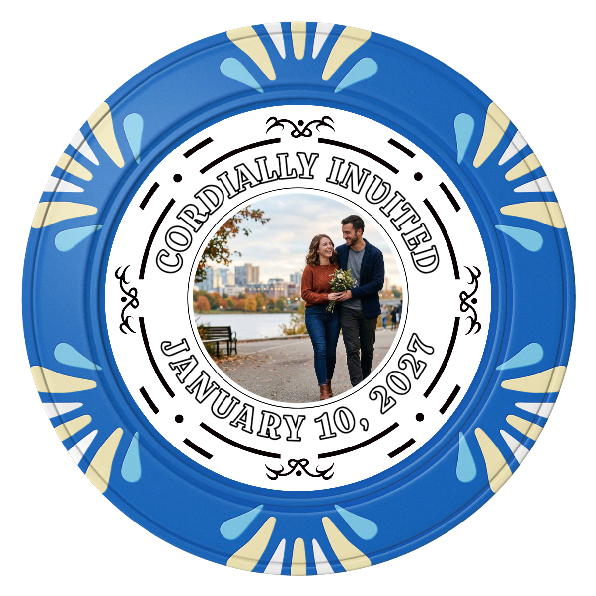 Save the Date Element Clay Poker Chips - Blue / Macau / 40mm - Front