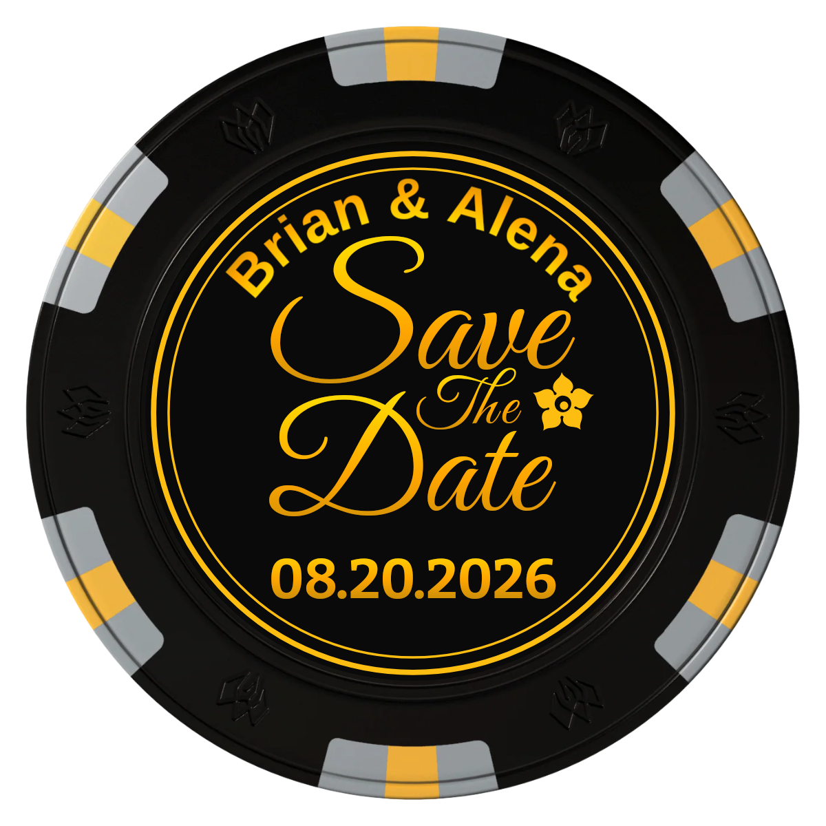 Save the Date Text Clay Poker Chips - Black / 6 Spot Gem / 43mm - Front