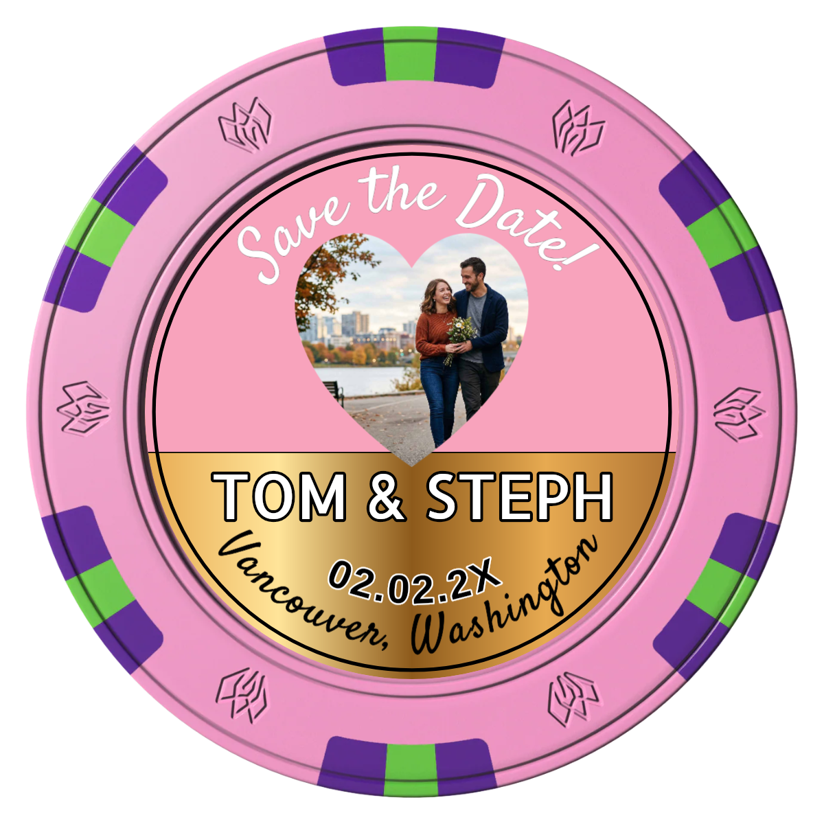 Save the Date Hearts Clay Poker Chips - Pink / 6 Spot Gem / 43mm - Front