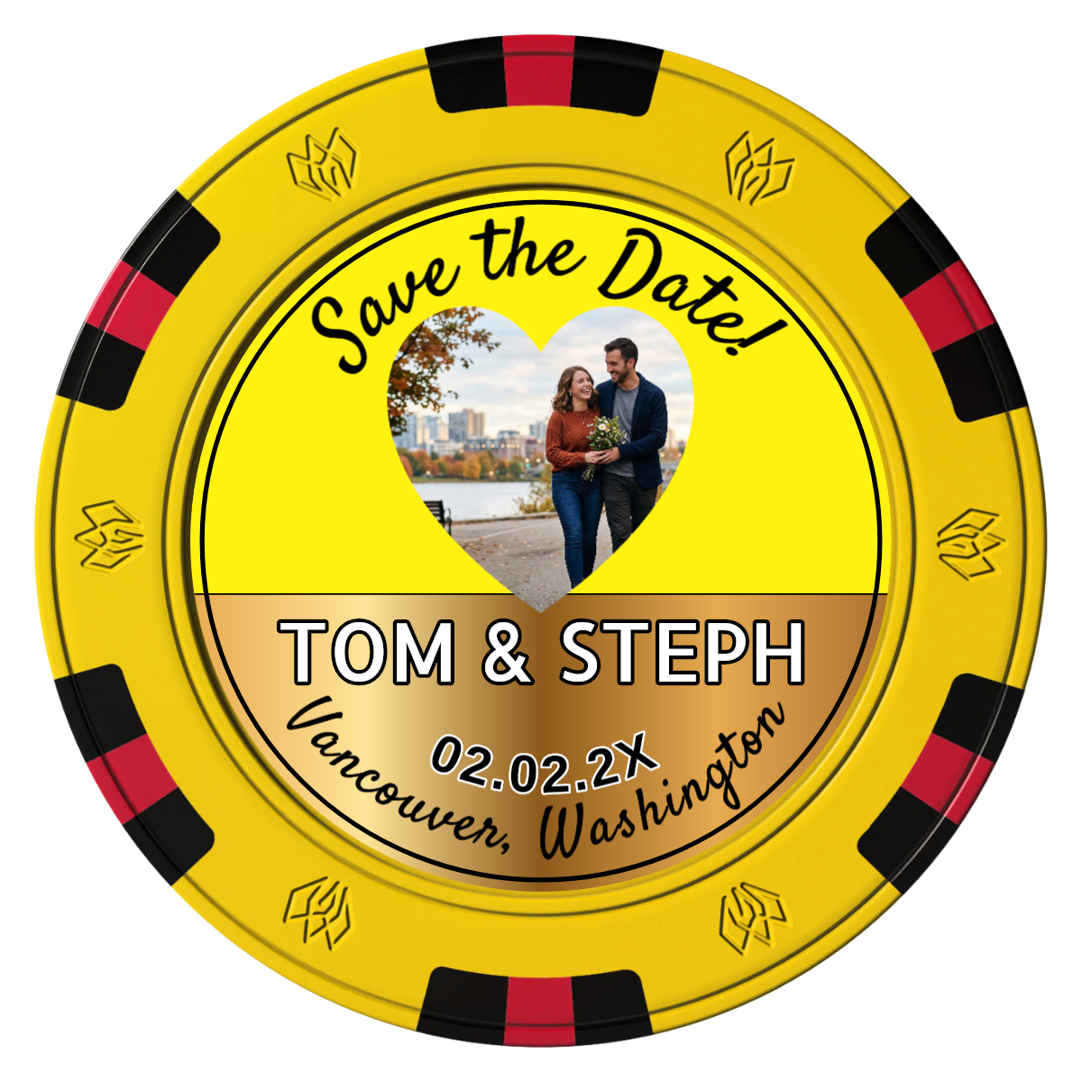 Save the Date Hearts Clay Poker Chips - Yellow / 6 Spot Gem / 40mm - Front