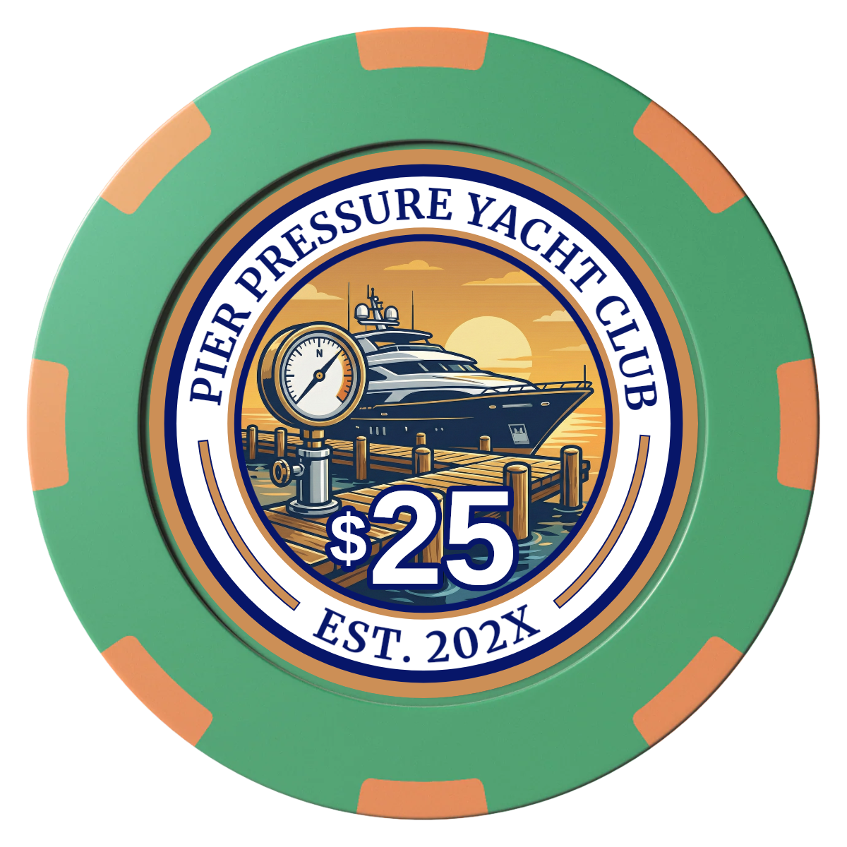 Anchor Down Card Room Clay Poker Chips - Green / 8 Spot (2 Tone) / 40mm - Front