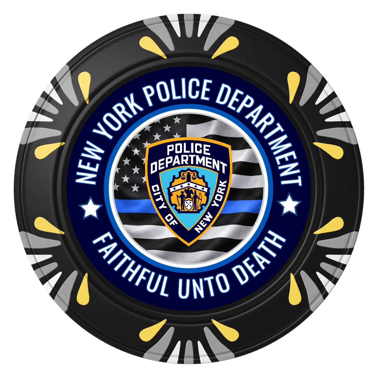NYPD Safe and Fair Clay Poker Chips - Black / Macau / 40mm - Front