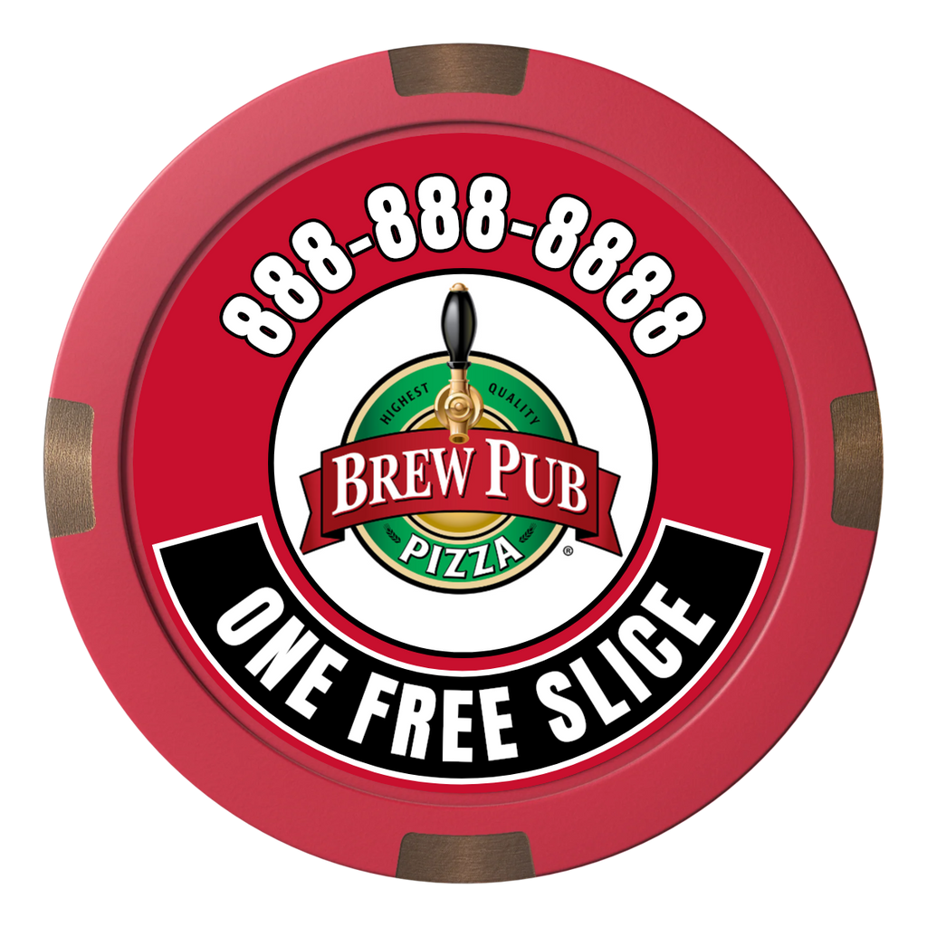 Brew Pub or Pizzeria with Logo Composite & Metal Hybrid Poker Chips - Red - Front