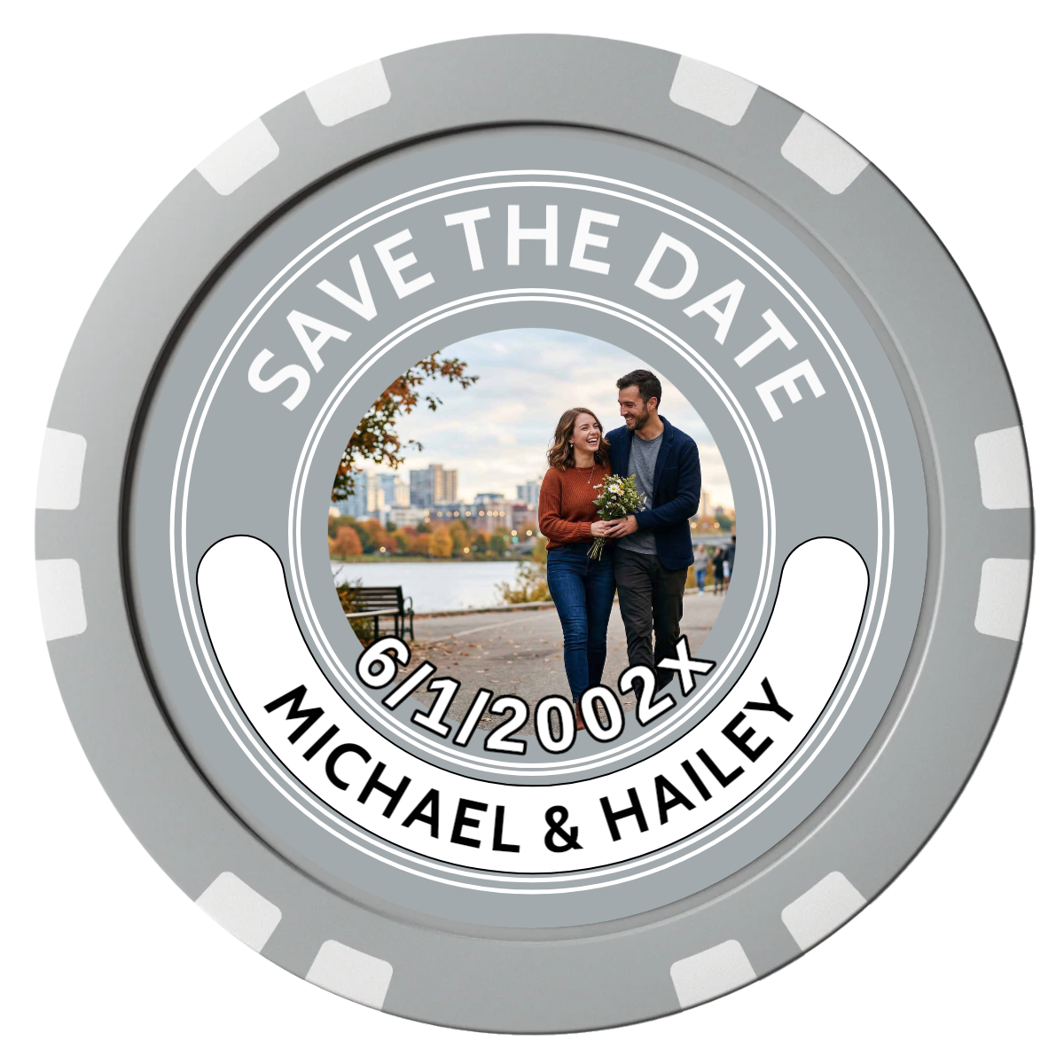 Save the Date Photo QR Code Composite Poker Chips - Gray / Double Stripe - Front