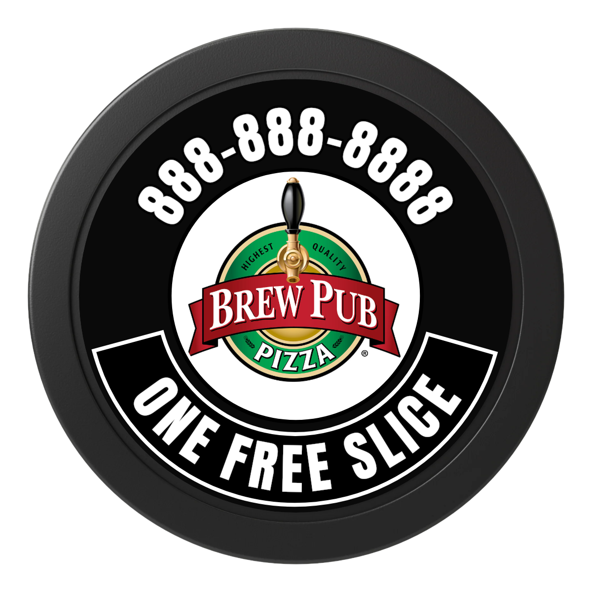 Brew Pub or Pizzeria with Logo 2" Oversized Poker Chip - Custom Dealer Button & Card Protector - Black - Front