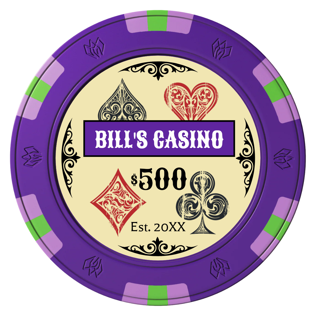 Vintage Four Suits Clay Poker Chips - Purple / 6 Spot Gem / 40mm - Front