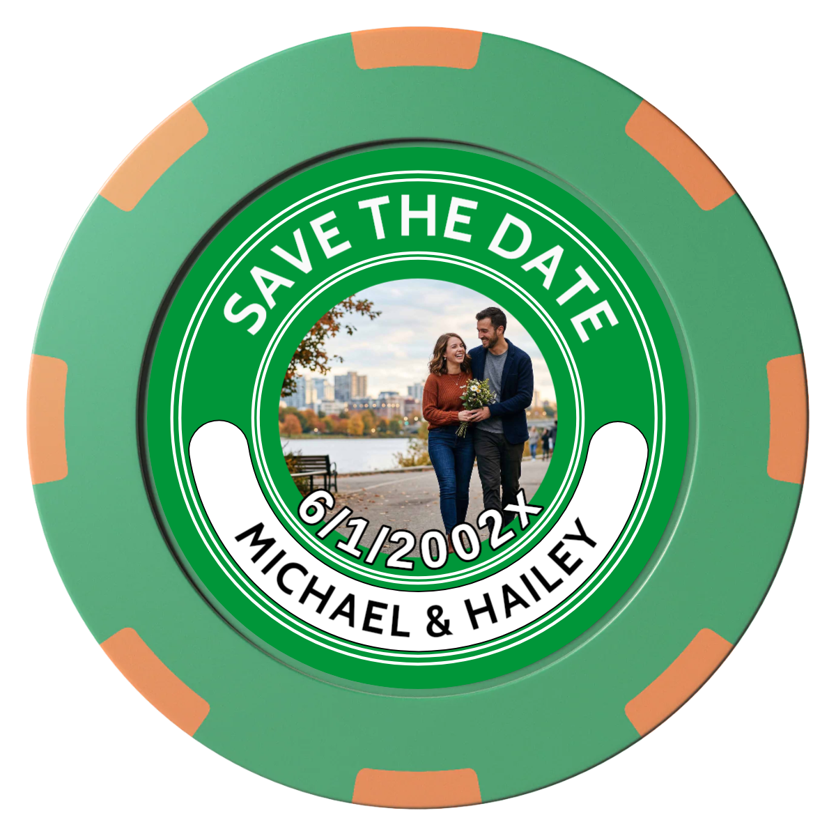 Save the Date Photo QR Code Clay Poker Chips - Green / 8 Spot (2 Tone) / 40mm - Front