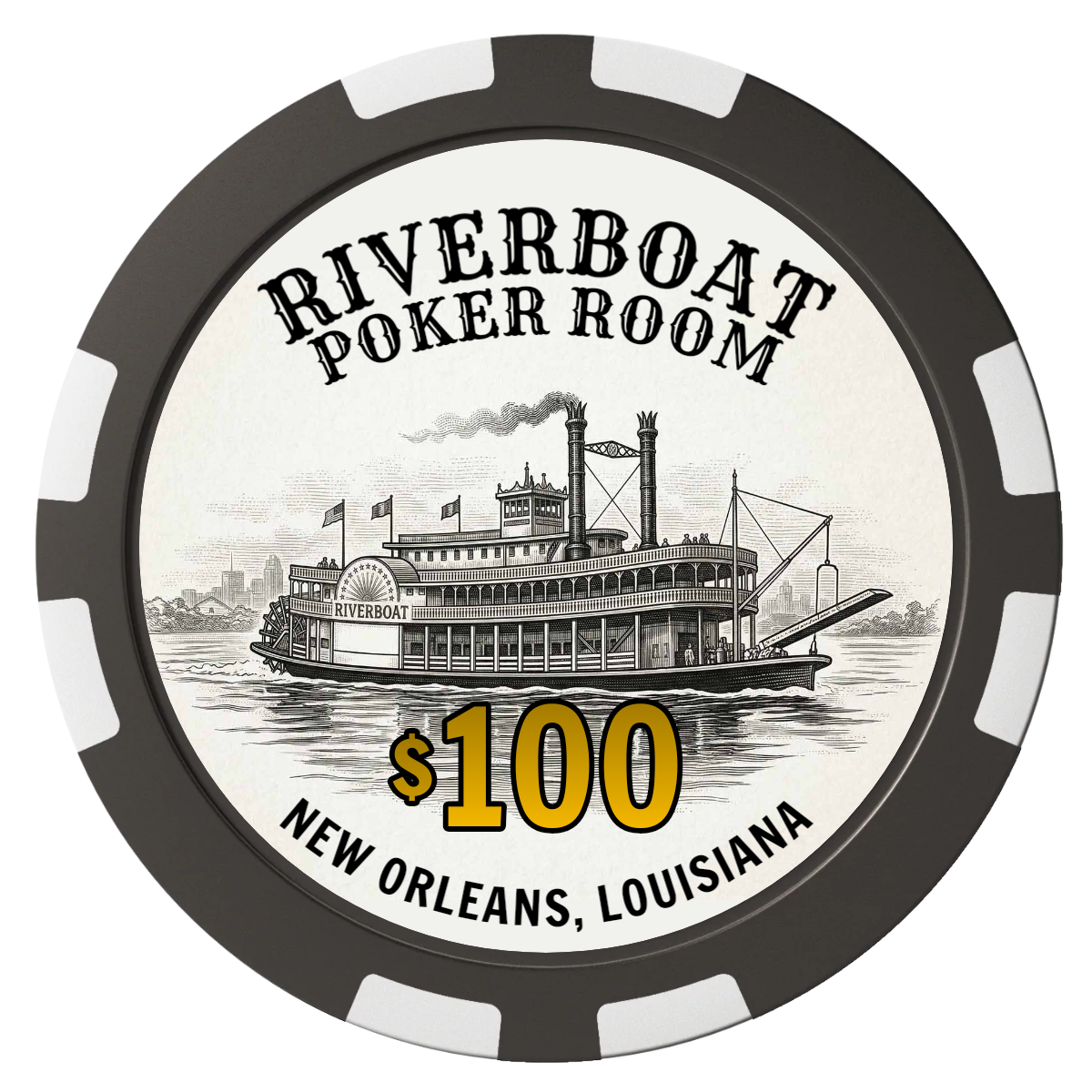 Riverboat Poker Room Composite Poker Chips - Black / 8 Stripe - Front