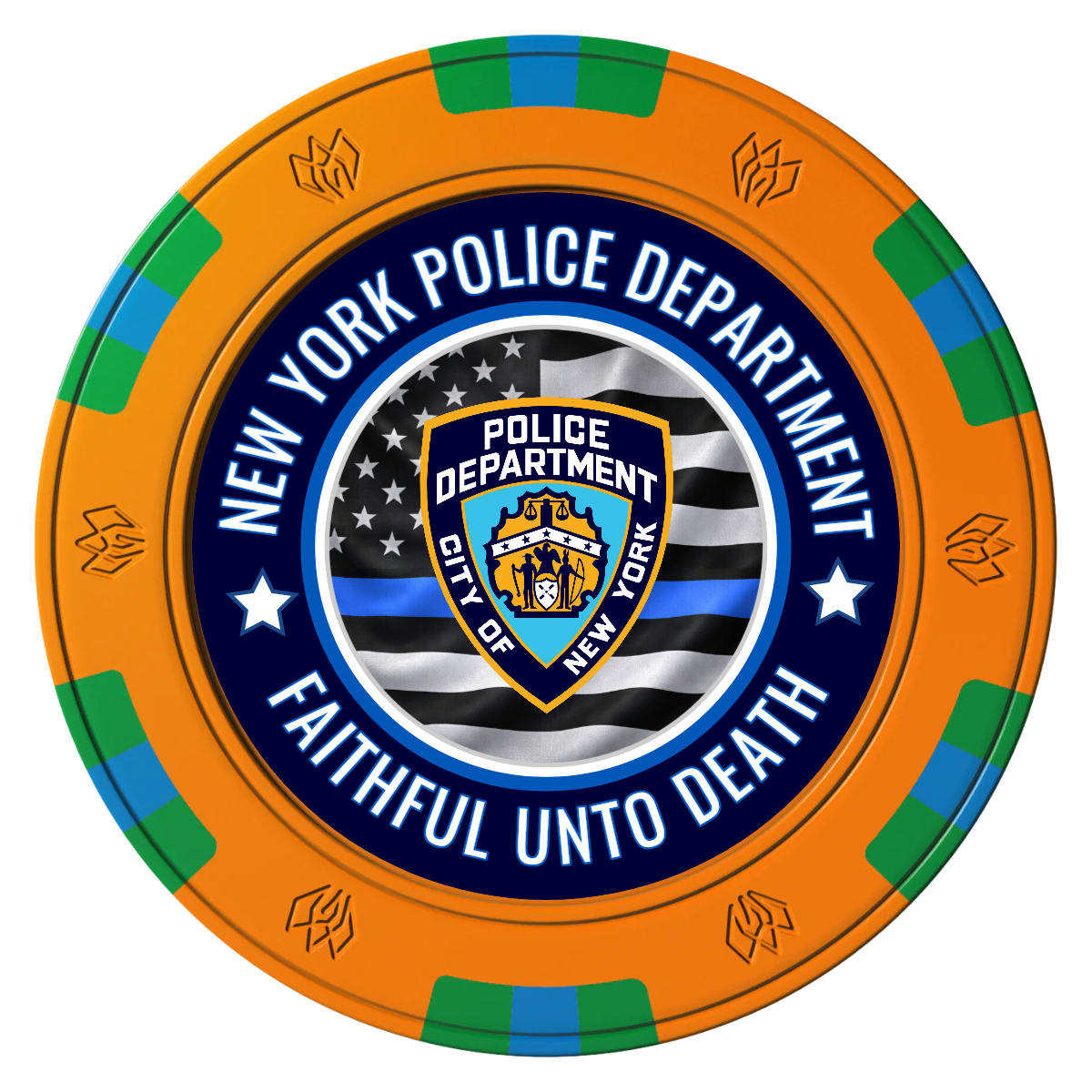 NYPD Safe and Fair Clay Poker Chips - Orange / 6 Spot Gem / 40mm - Front