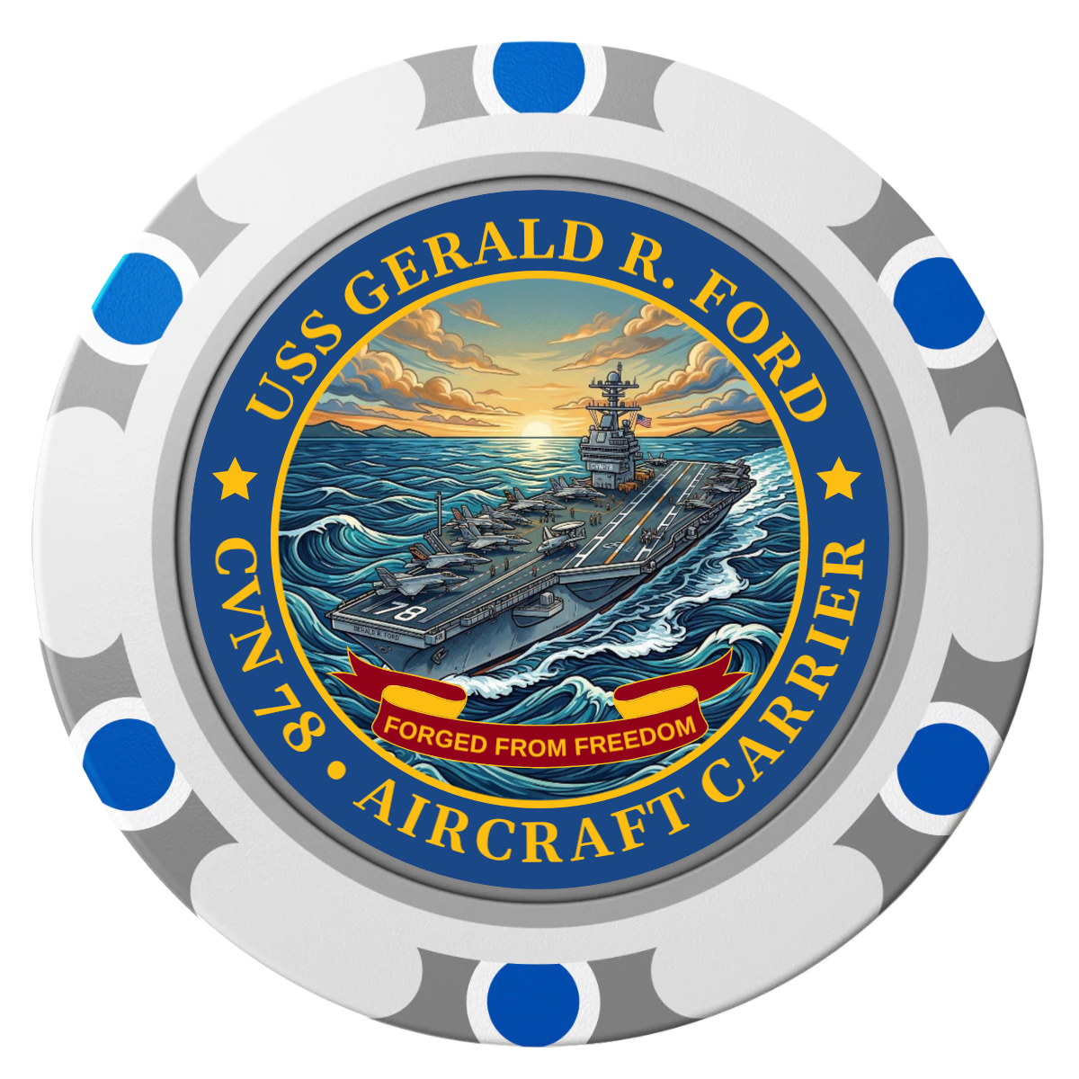 Navy USS Gerald Ford Clay Poker Chips - White / Monte Carlo / 40mm - Front