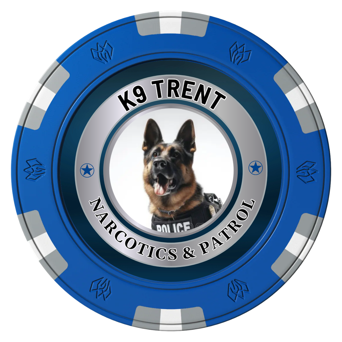 K-9 Trent Clay Poker Chips - Blue / 6 Spot Gem / 43mm - Front