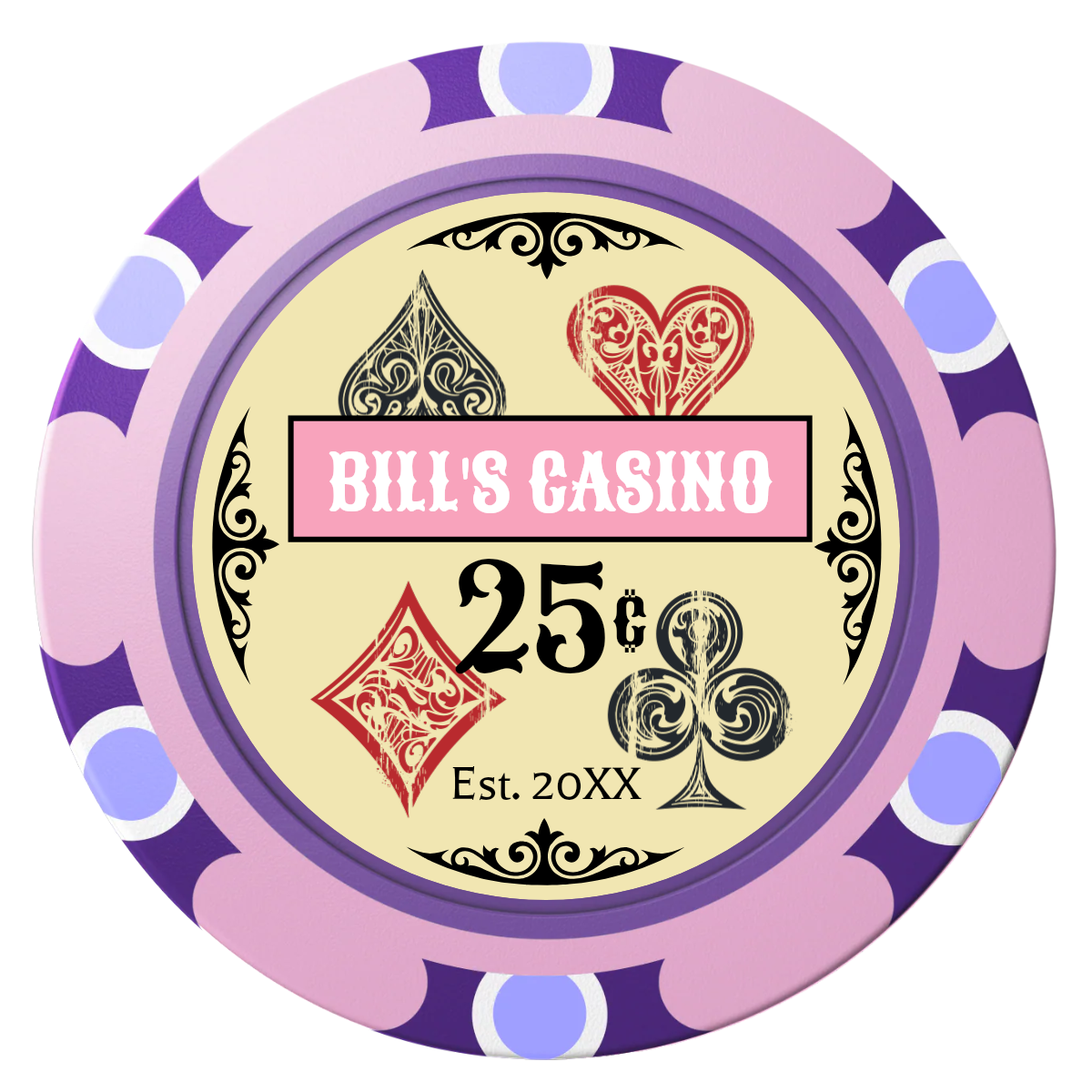 Vintage Four Suits Clay Poker Chips - Pink / Monte Carlo / 40mm - Front