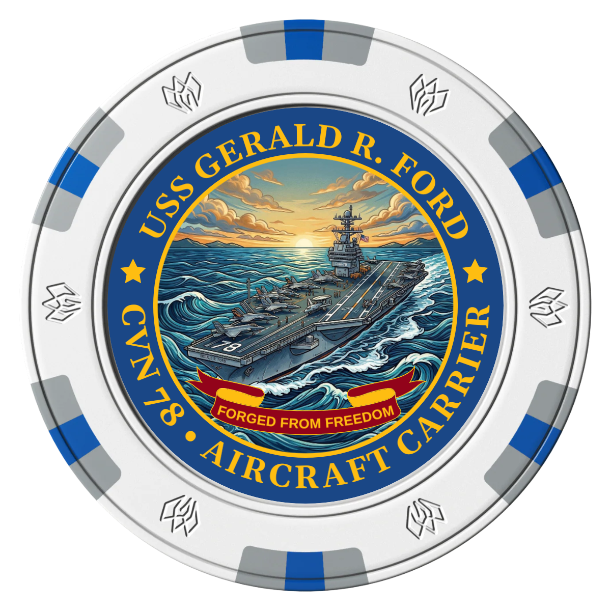 Navy USS Gerald Ford Clay Poker Chips - White / 6 Spot Gem / 40mm - Front