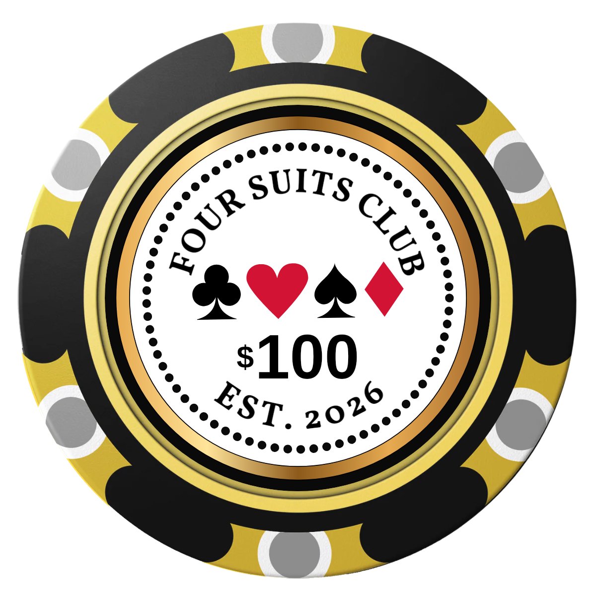 Fours Suits Club Clay Poker Chips - Black / Monte Carlo / 40mm - Front