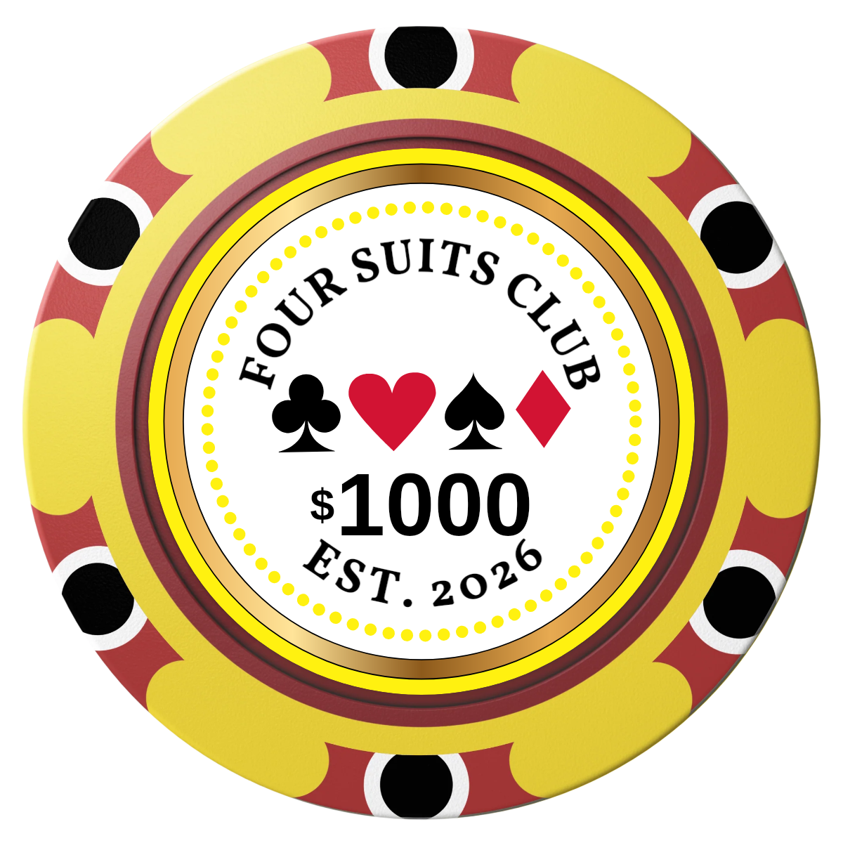 Fours Suits Club Clay Poker Chips - Yellow / Monte Carlo / 40mm - Front