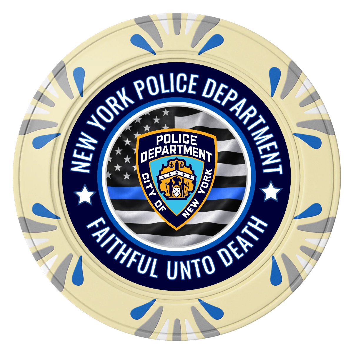 NYPD Safe and Fair Clay Poker Chips - Ivory / Macau / 40mm - Front
