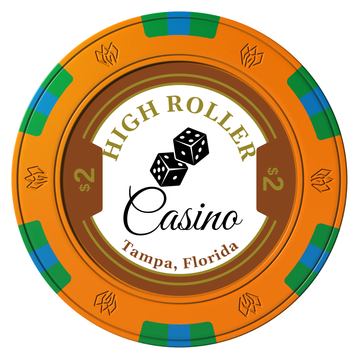 High Roller Casino Clay Poker Chips - Orange / 6 Spot Gem / 43mm - Front