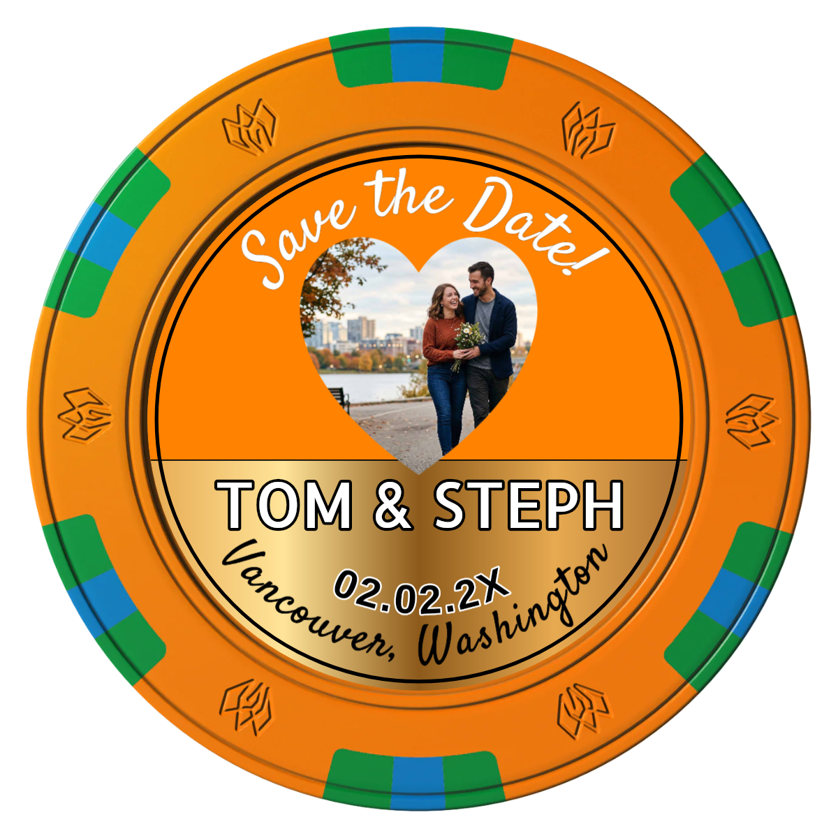 Save the Date Hearts Clay Poker Chips - Orange / 6 Spot Gem / 40mm - Front