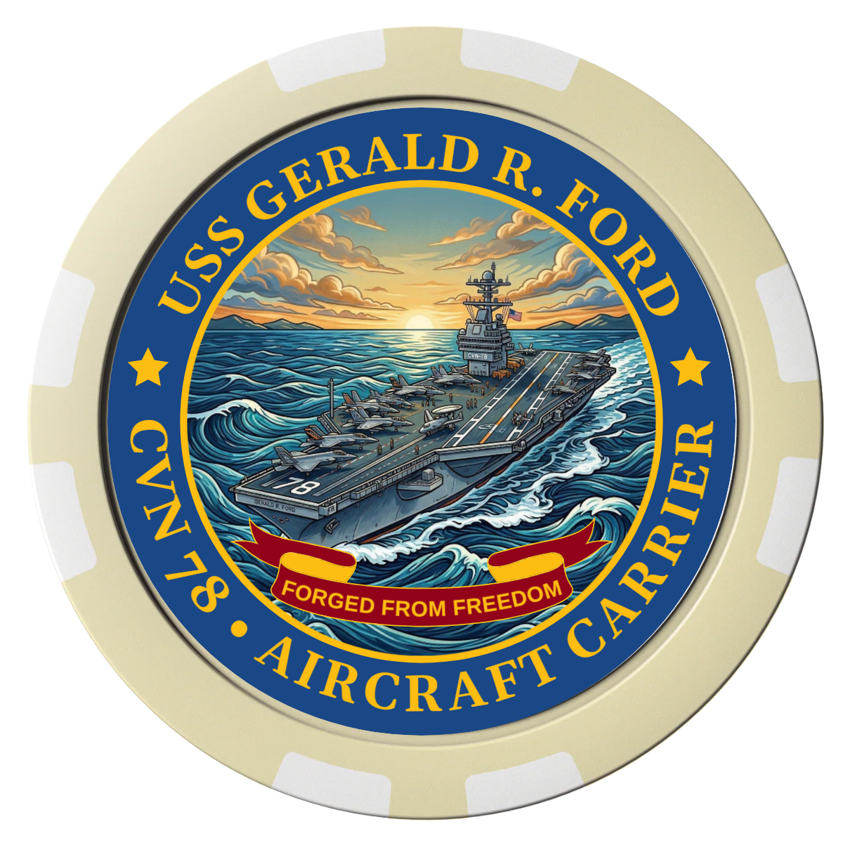 Navy USS Gerald Ford Composite Poker Chips - Ivory / 8 Stripe - Front