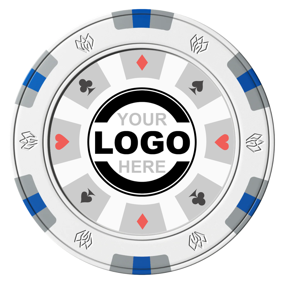 Suit 8 Your Logo Clay Poker Chips - White / 6 Spot Gem / 40mm - Front