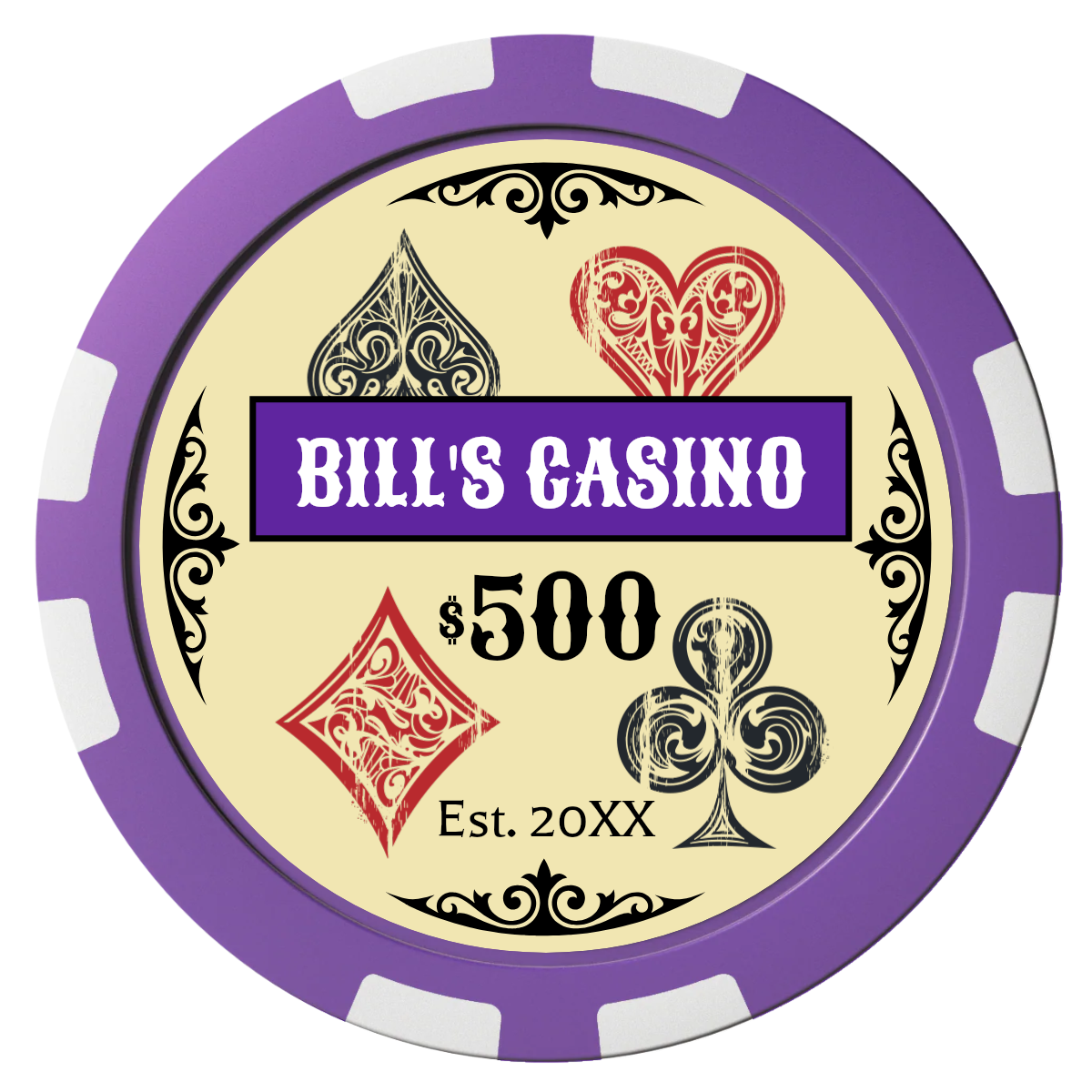 Vintage Four Suits Composite Poker Chips - Purple / 8 Stripe - Front