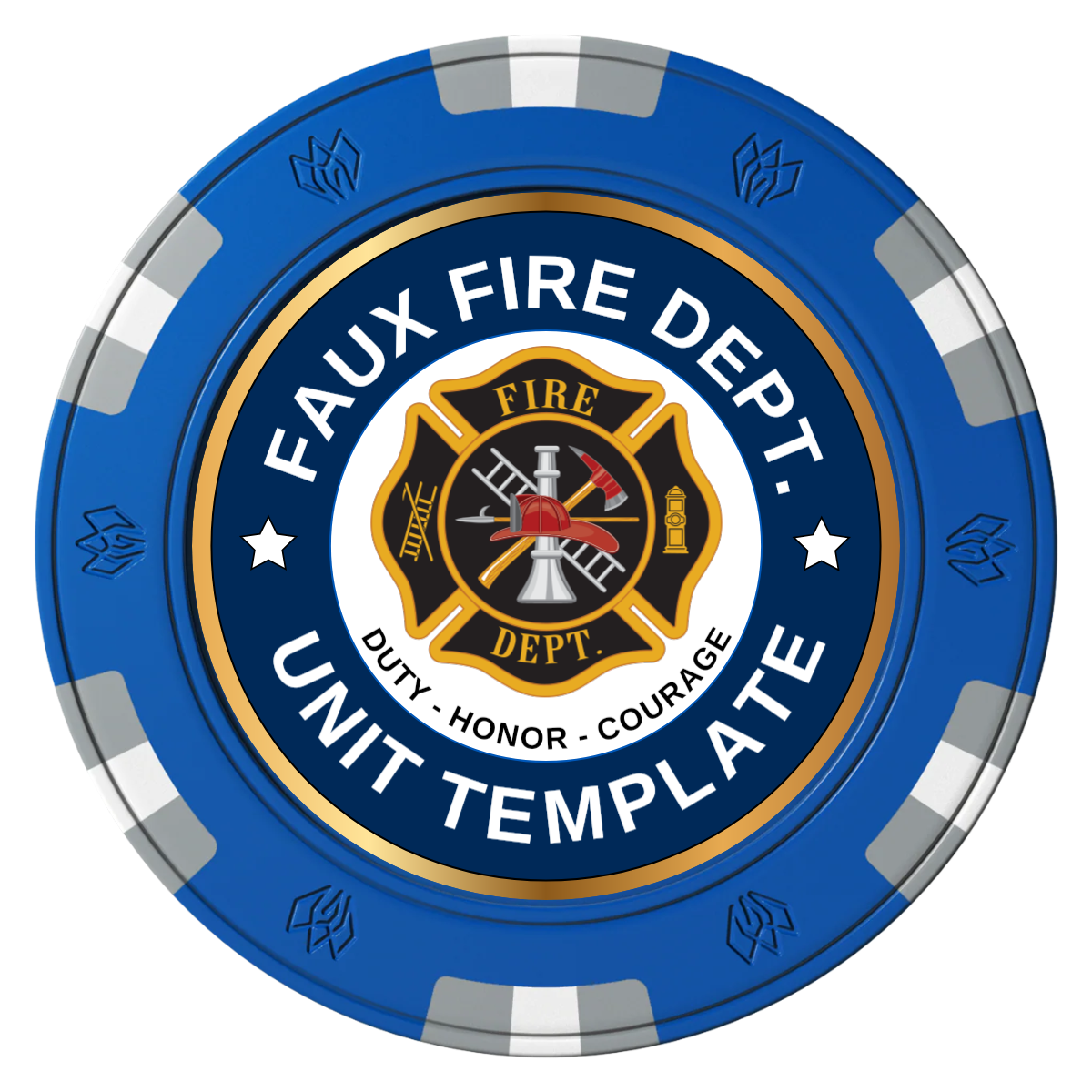 Faux Fire Dept. #01 Clay Poker Chips - Blue / 6 Spot Gem / 40mm - Front