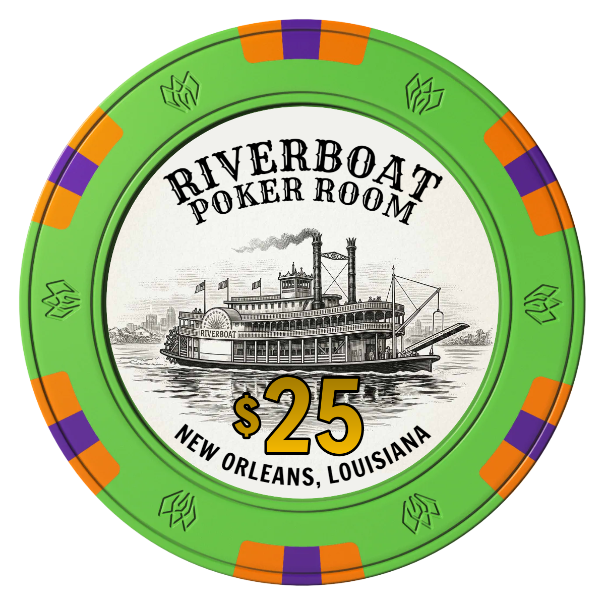 Riverboat Poker Room Clay Poker Chips - Green / 6 Spot Gem / 43mm - Front