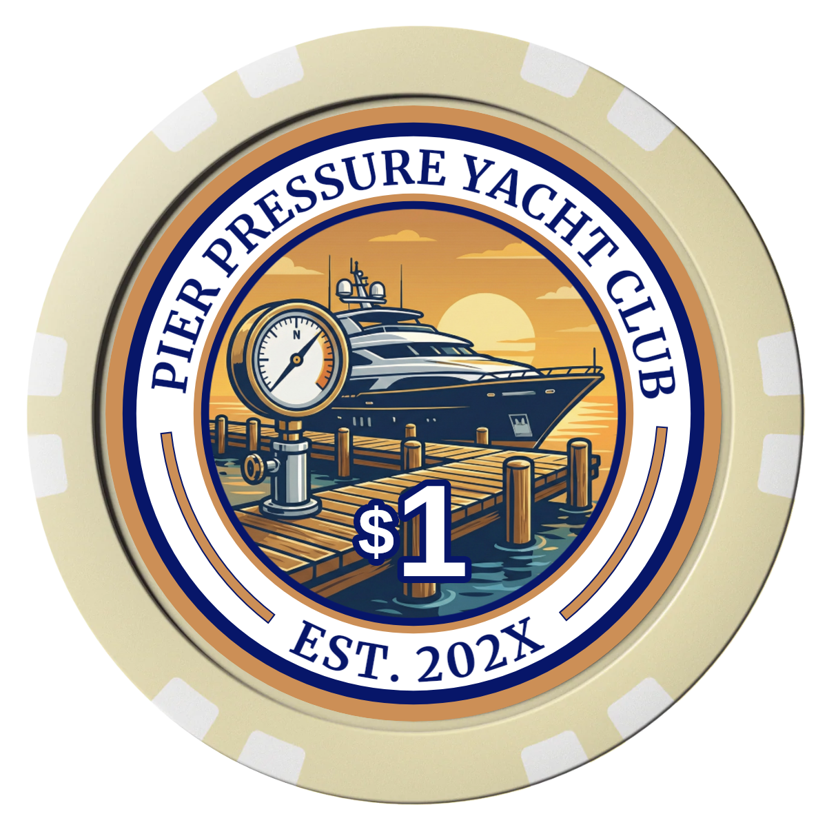 Anchor Down Card Room Composite Poker Chips - Ivory / Double Stripe - Front