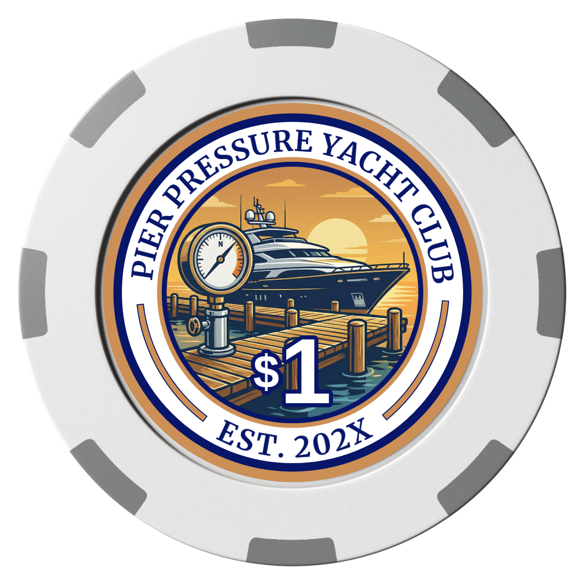 Anchor Down Card Room Clay Poker Chips - White / 8 Spot (2 Tone) / 40mm - Front