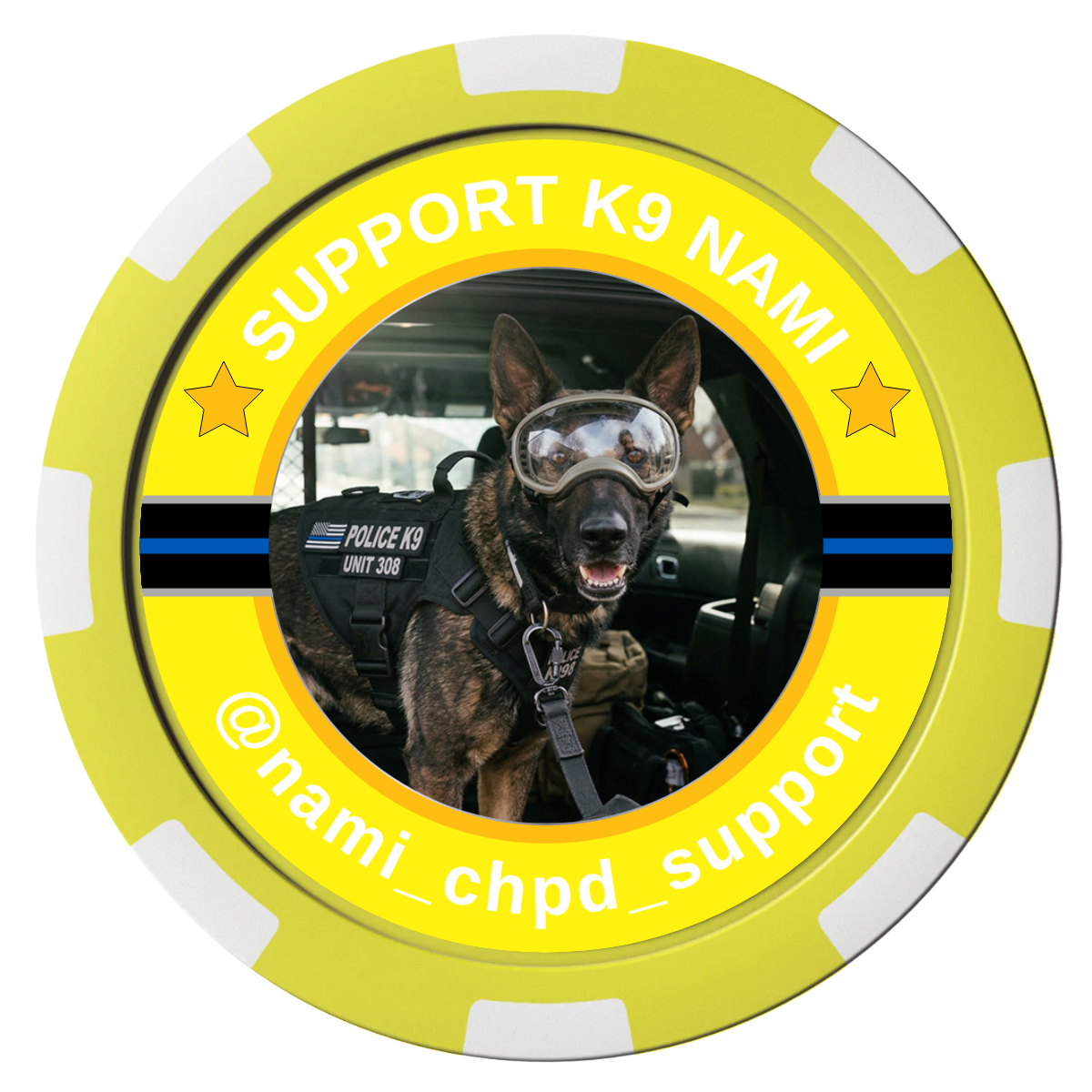 Police Department K9 #02 Composite Poker Chips - Yellow / 8 Stripe - Front