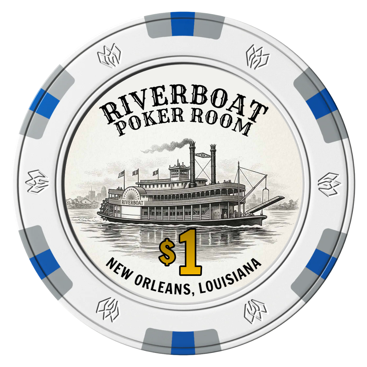 Riverboat Poker Room Clay Poker Chips - White / 6 Spot Gem / 43mm - Front
