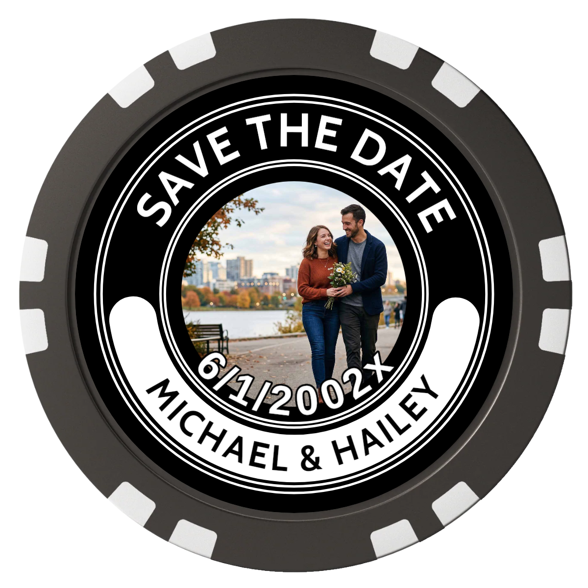 Save the Date Photo QR Code Composite Poker Chips - Black / Double Stripe - Front