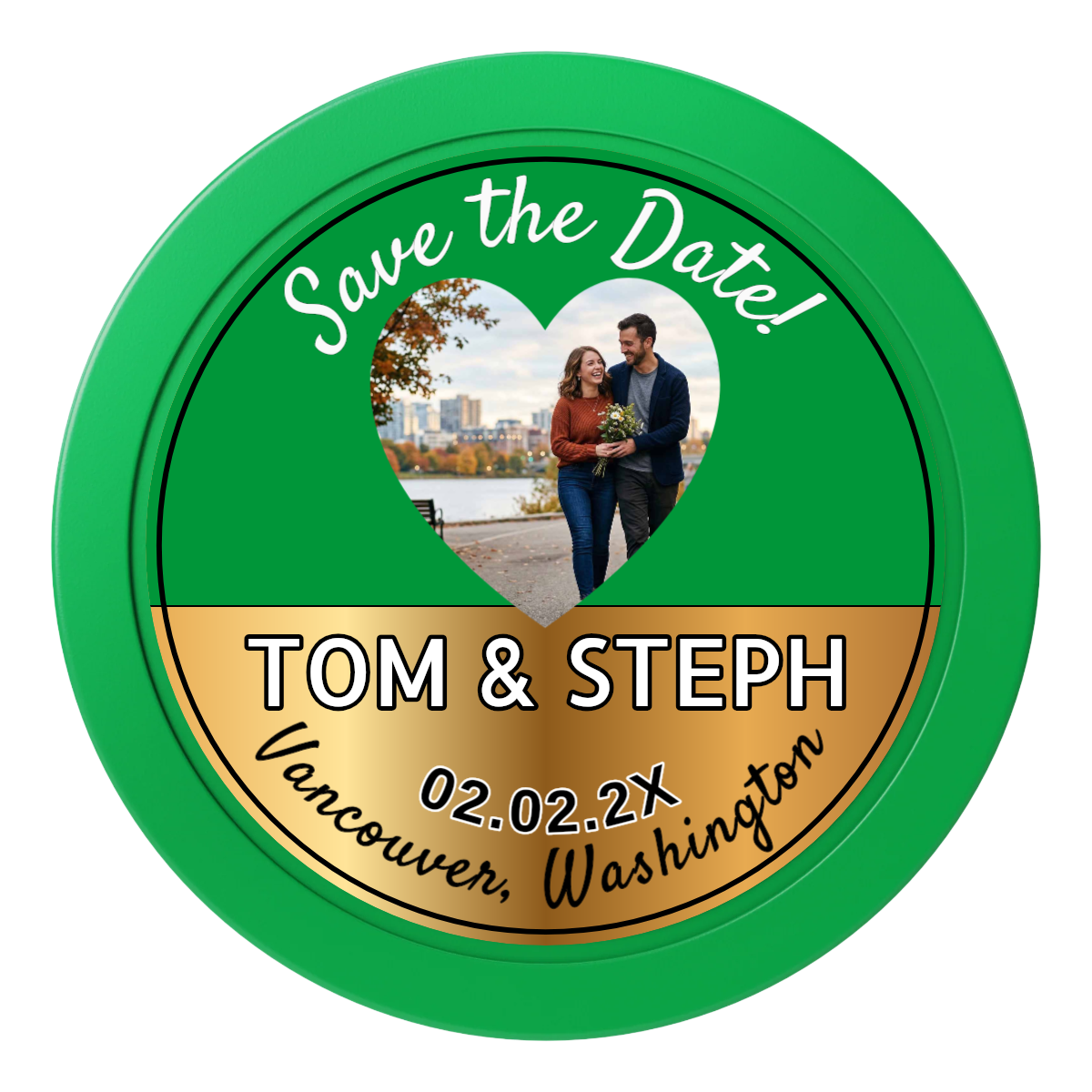 Save the Date Hearts 2" Oversized Poker Chips - Green - Front