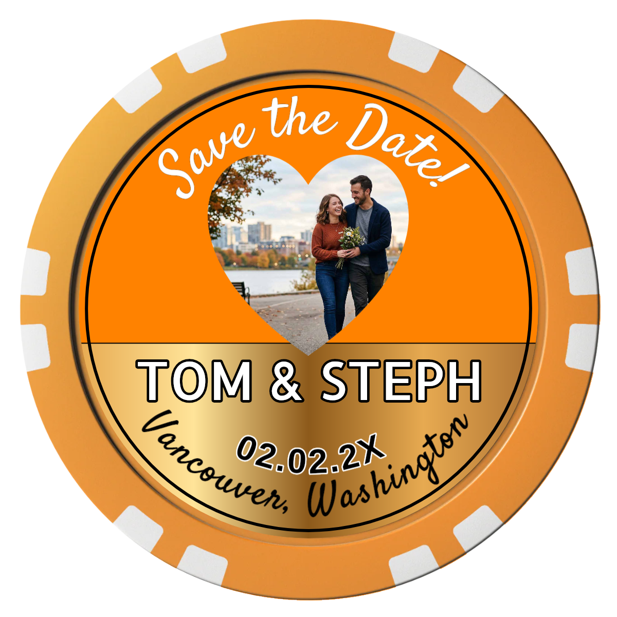 Save the Date Hearts Composite Poker Chips - Orange / Double Stripe - Front