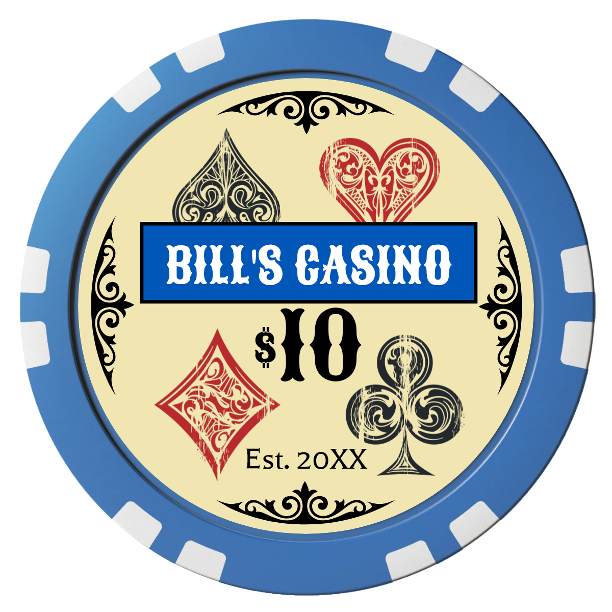 Vintage Four Suits Composite Poker Chips - Blue / Double Stripe - Front