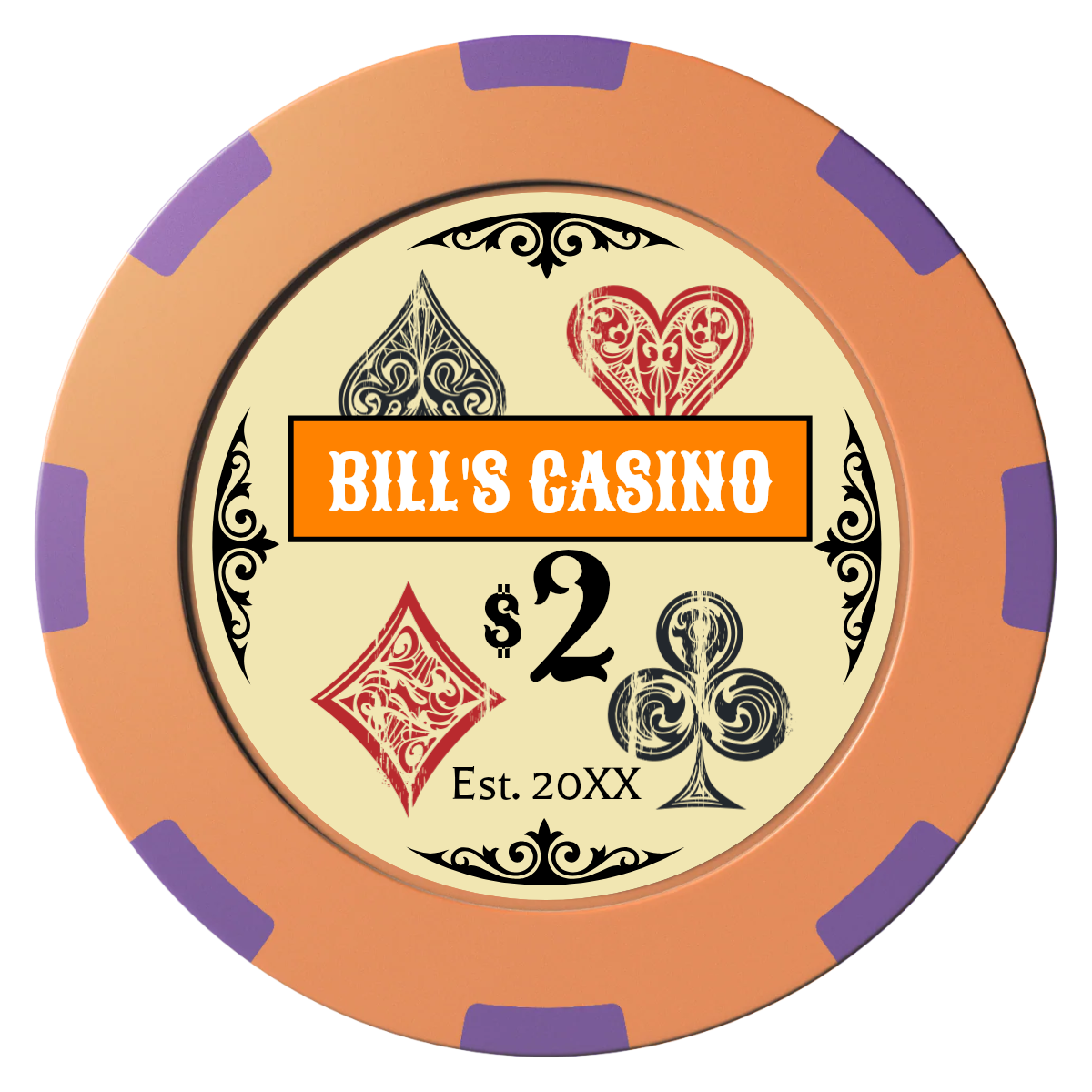 Vintage Four Suits Clay Poker Chips - Orange / 8 Spot (2 Tone) / 40mm - Front