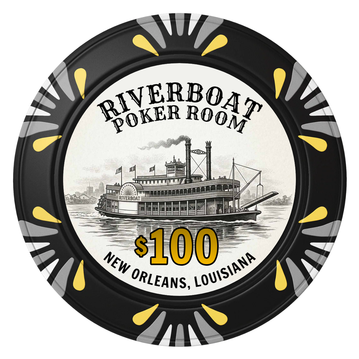 Riverboat Poker Room Clay Poker Chips - Black / Macau / 40mm - Front