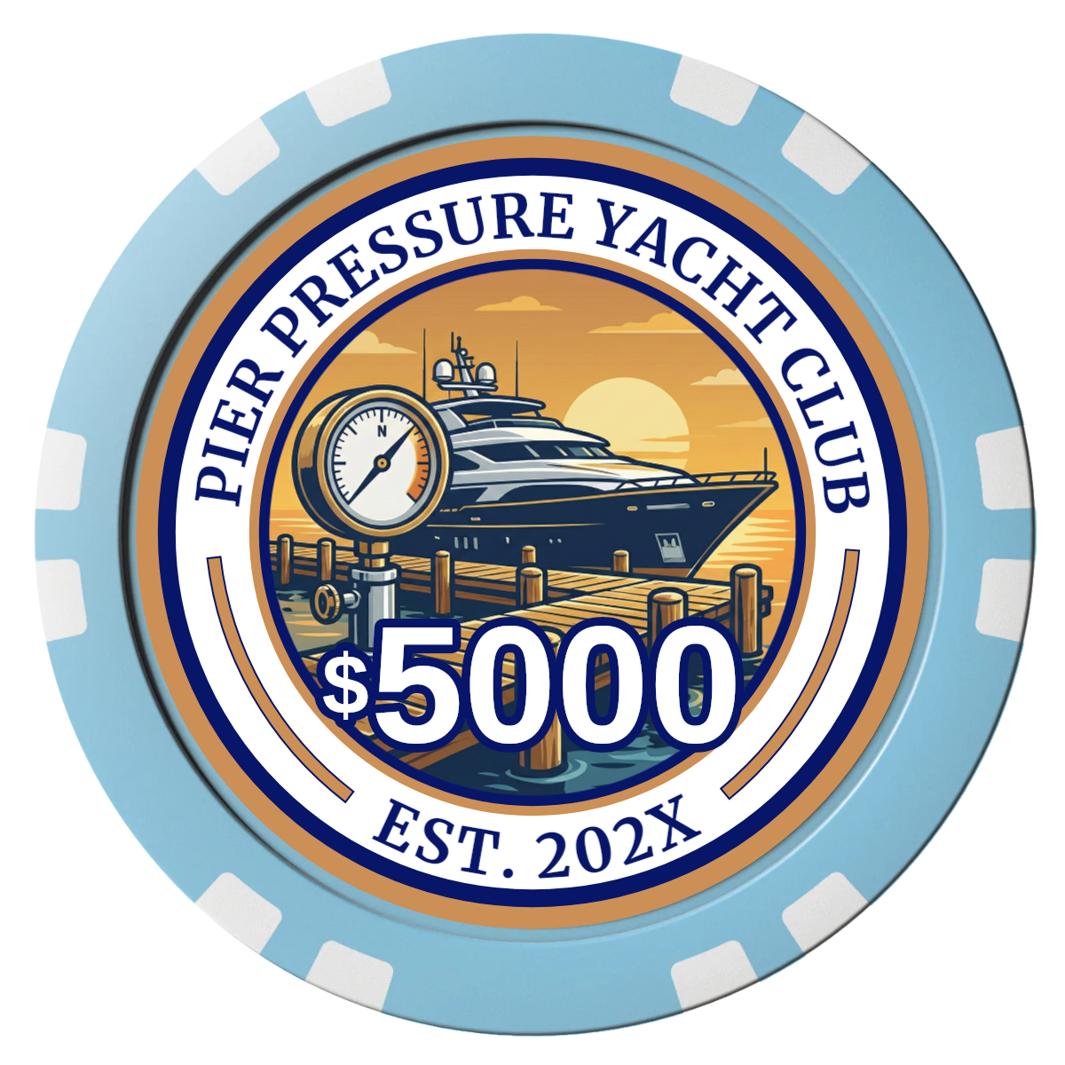 Anchor Down Card Room Composite Poker Chips - Light Blue / Double Stripe - Front